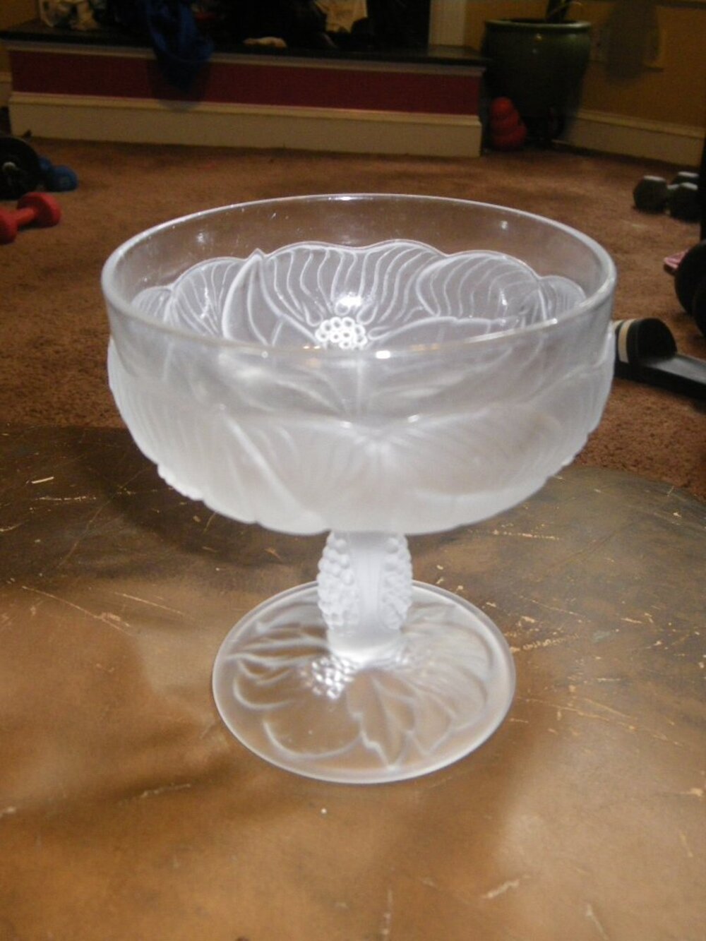Vintage Small Glass Pedestal Candy Dish w/ Frosted Grape Leaf Design